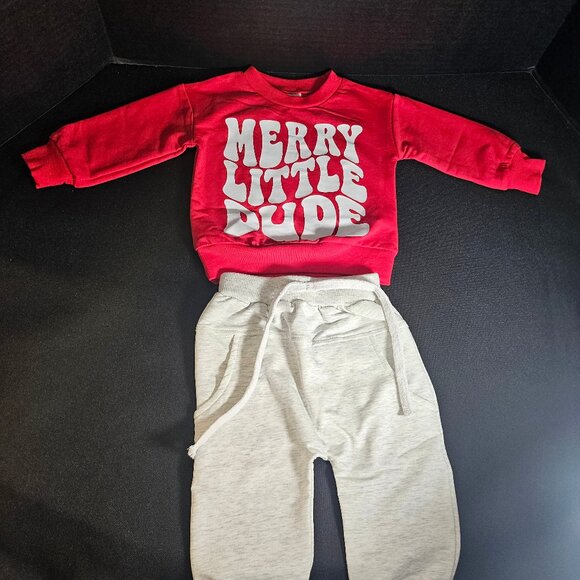 Boys Christmas Theme Two Piece Merry Little Dude Outfit Set Size 3-6 Months NEW - Picture 2 of 6